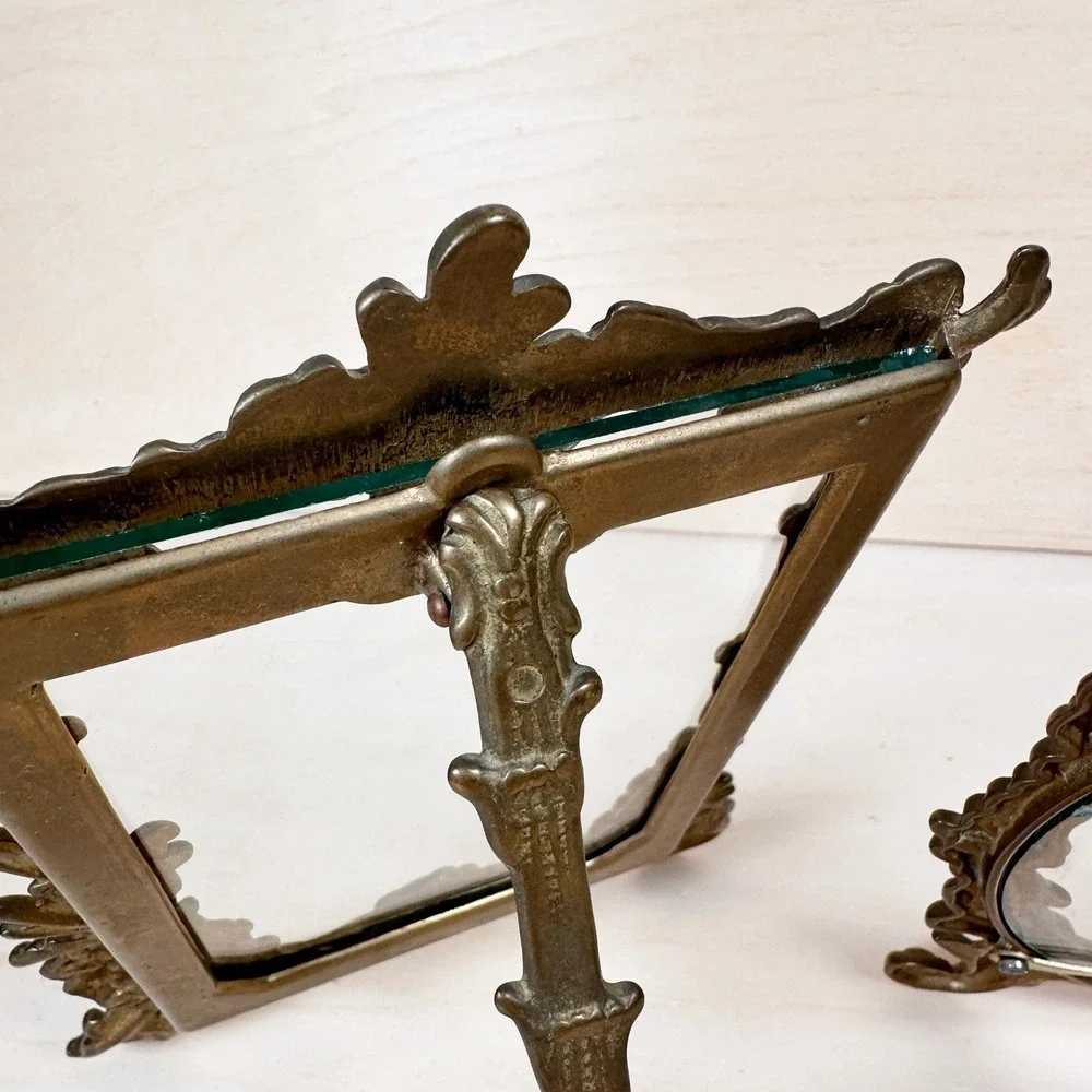 Vintage Brass Rococo Easel Picture Frames Pair Ornate 4x6 & Oval Set